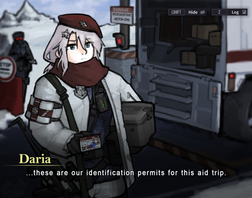 1boy 1girl 9a-91 9a-91_(girls'_frontline) alternate_costume assault_rifle beret blue_eyes box card codename:_bakery_girl english_commentary english_text girls_frontline gnom_na_korable grey_hair griffin_&amp;_kryuger gun gun_sling hair_ornament hat highres holding holding_box holding_card holding_gun holding_weapon id_card jacket motor_vehicle red_scarf reverse_collapse_(series) rifle russian_text scarf scope sign star_(symbol) star_hair_ornament translated truck warning_sign weapon white_jacket