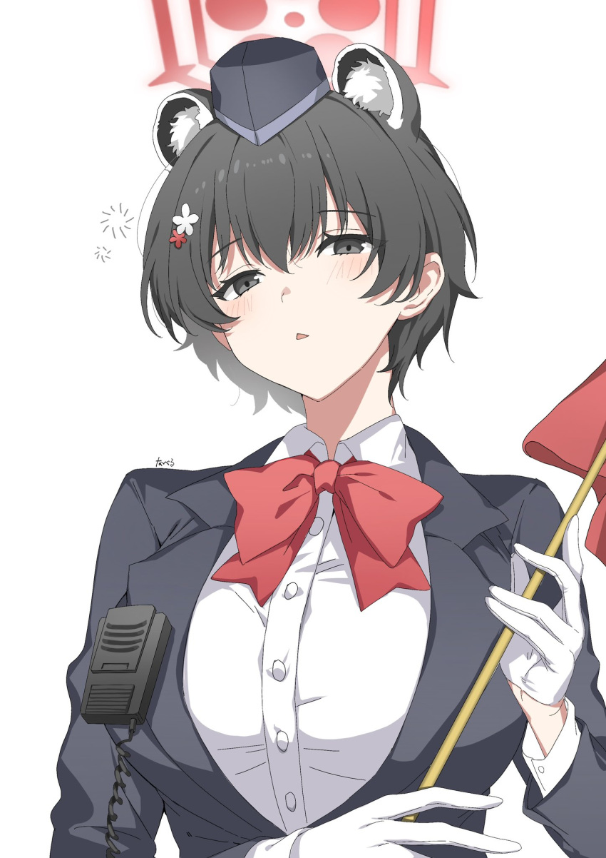 1girl animal_ears black_eyes black_hair black_hat blue_archive blush bow bowtie breasts collared_shirt extra_ears garrison_cap gloves hair_between_eyes halo hat highres holding large_breasts long_sleeves official_alternate_costume open_mouth red_bow red_bowtie red_halo shirt short_hair simple_background solo tsubaki_(blue_archive) tsubaki_(guide)_(blue_archive) upper_body white_background white_gloves white_shirt you_guo_chaocai