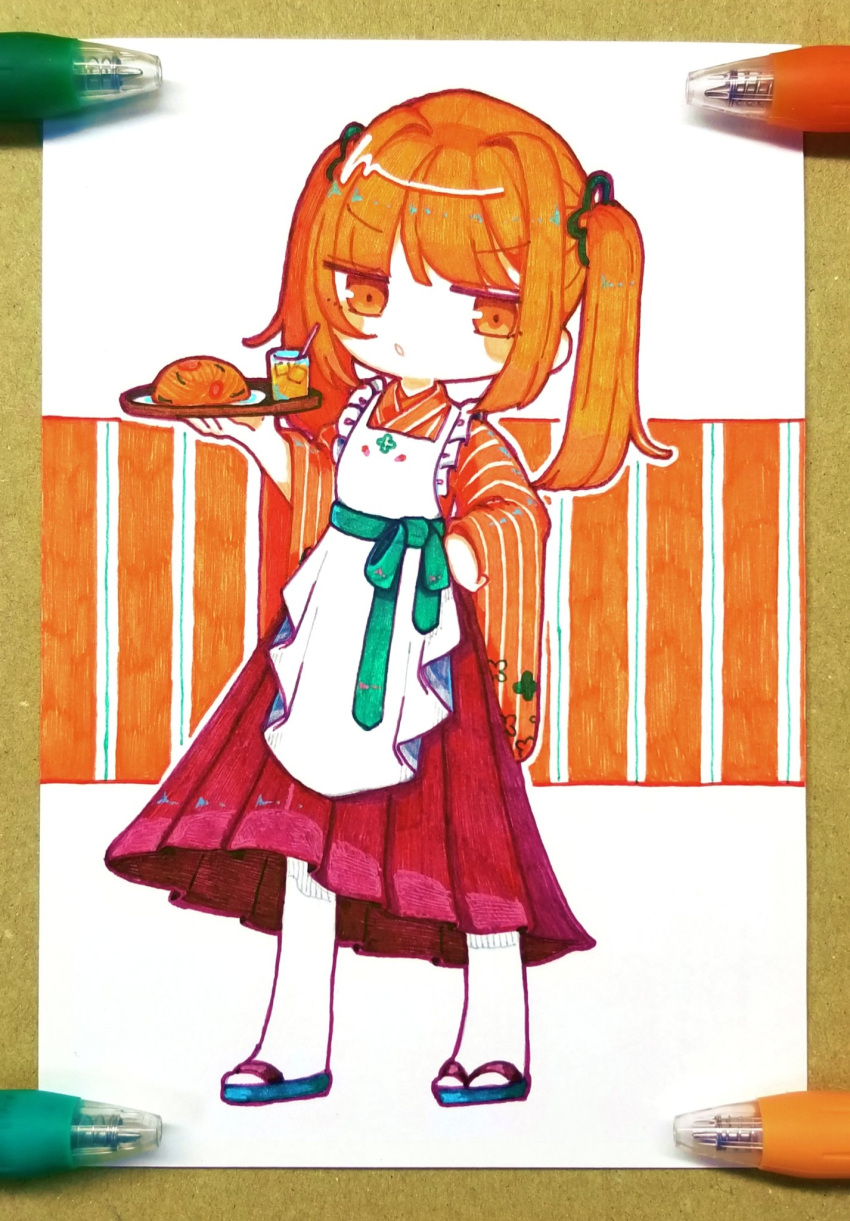 1girl apron art_tools_in_frame bad_id bad_twitter_id ballpoint_pen_(medium) bell_pepper_slice blush_stickers commentary_request cup deformed drink drinking_glass drinking_straw food food_print frilled_apron frills full_body green_sash hair_intakes hair_ornament hand_on_own_hip hand_up highres holding holding_tray ice ice_cube japanese_clothes kimono legs_apart long_skirt long_sleeves looking_at_viewer medium_hair napolitan open_mouth orange_hair orange_kimono original pantyhose pasta photo_(medium) piyoko9494 plate pleated_skirt print_apron print_kimono red_skirt sandals sash skirt solo standing striped_clothes striped_kimono traditional_media tray twintails v-shaped_eyebrows waitress white_apron white_pantyhose wide_sleeves zouri
