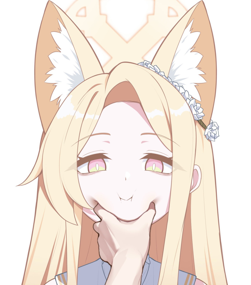 1boy 1girl animal_ear_fluff animal_ears blonde_hair blue_archive extra_ears forehead fox_ears fox_girl halo hand_on_another's_cheek hand_on_another's_face highres long_hair looking_at_viewer orange_eyes out_of_frame parted_bangs portrait pov pov_hands reia_76 sailor_collar school_uniform seia_(blue_archive) sensei_(blue_archive) sidelocks simple_background squeezing_cheeks white_background white_sailor_collar