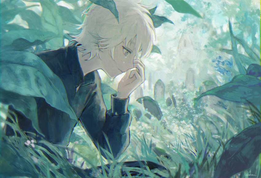 1boy black_shirt chromatic_aberration closed_mouth crying from_side grass hand_up highres kotorino_mabuta leaf long_sleeves male_focus nature original outdoors plant profile shirt short_hair signature solo tears upper_body white_hair