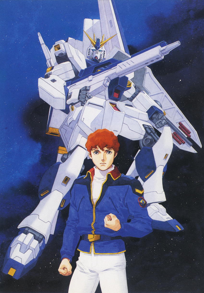 1990s_(style) 1boy amuro_ray beam_rifle char's_counterattack clenched_hands curly_hair energy_gun english_commentary gundam hi-nu_gundam highres jacket kitazume_hiroyuki looking_at_viewer mecha military military_uniform mobile_suit nebula official_art painting_(medium) redhead retro_artstyle robot scan serious space starry_background traditional_media uniform v-fin weapon