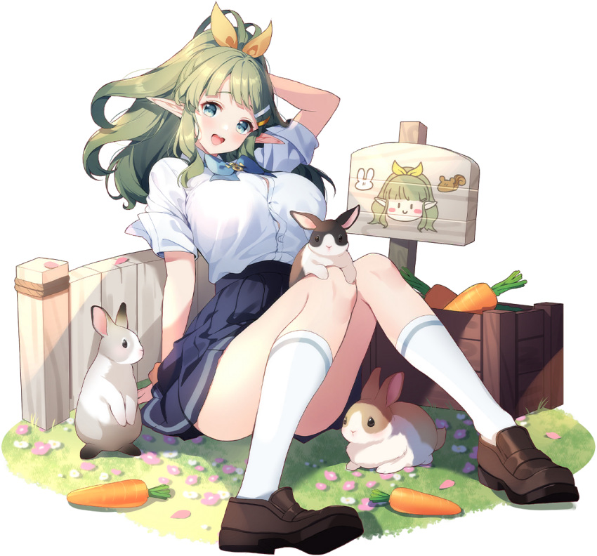 1girl :d arm_behind_head blue_eyes blue_skirt breasts brown_footwear button_gap carrot crate daphne_(eversoul) elf eversoul flower full_body game_cg gate green_hair hair_ornament hairclip kneehighs large_breasts light_blush medium_hair non-web_source official_alternate_costume official_alternate_hairstyle official_art on_grass pink_flower pointy_ears ponytail rabbit school_uniform scrunchie shirt short_sleeves sign sitting skirt sleeves_rolled_up smile socks solo tachi-e taut_clothes taut_shirt thighs transparent_background white_flower white_shirt white_socks wing_collar wrist_scrunchie
