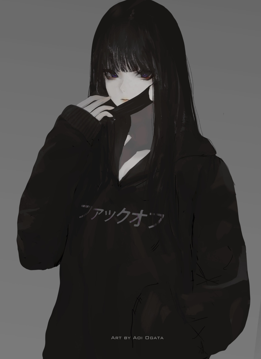 1girl absurdres aoi_ogata artist_name black_hair black_hoodie clip_studio_paint_(medium) closed_mouth clothes_writing grey_background hand_in_pocket hand_up hate-chan highres hood hood_down hoodie long_hair long_sleeves looking_at_viewer mask mask_pull mouth_mask original puffy_long_sleeves puffy_sleeves simple_background sleeves_past_wrists solo upper_body violet_eyes