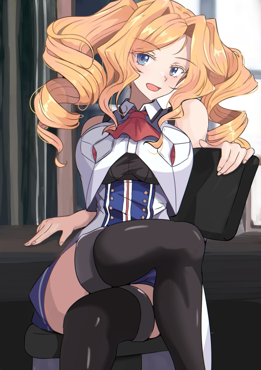 1girl blonde_hair blue_eyes blue_skirt blush breasts chair clipboard collared_shirt crossed_legs curtains desk drill_hair highres honolulu_(kancolle) kantai_collection ken_(shutenndouji1) large_breasts long_hair looking_at_viewer open_mouth shirt sitting skirt sleeveless sleeveless_jacket smile solo twin_drills window