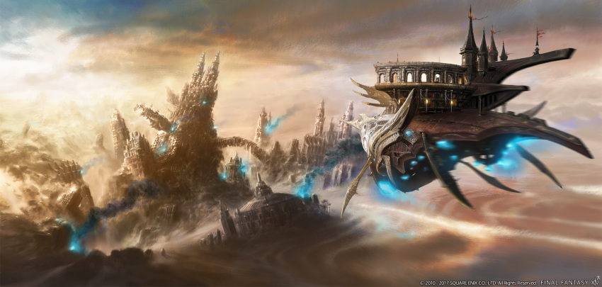 aircraft airship arch artist_request blue_fire building city clouds cloudy_sky copyright_name copyright_notice day debris desert destruction final_fantasy final_fantasy_xiv fire flag highres no_humans official_art outdoors sand scenery sky smoke