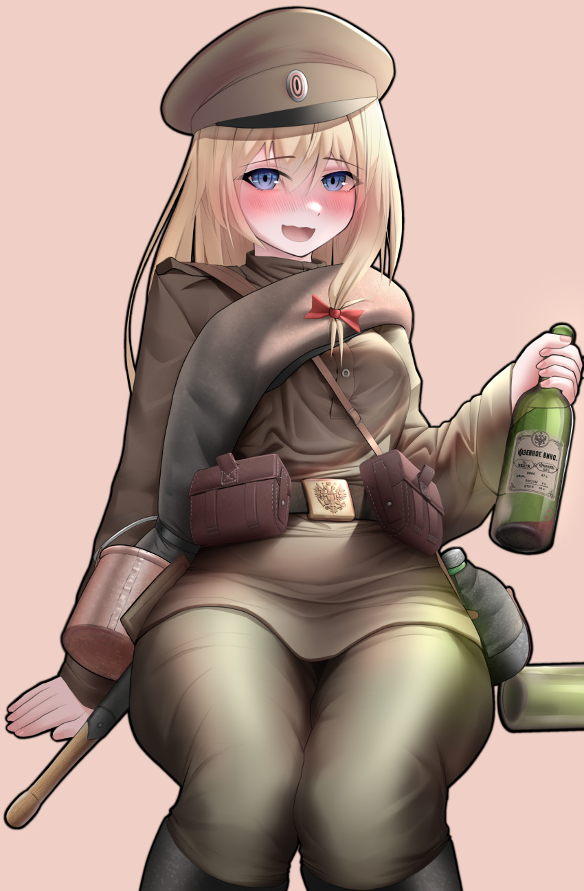 1girl absurdres ammunition_pouch baton_(weapon) belt blanket blonde_hair blue_hair blush boots bottle bow brown_shirt canteen drunk girls_frontline glass_bottle hair_bow hand_on_chair hat highres holding holding_bottle looking_at_viewer military_hat military_uniform mosin-nagant_(girls'_frontline) neptune_zx pouch red_bow russian_clothes shirt sitting solo uniform wariza weapon