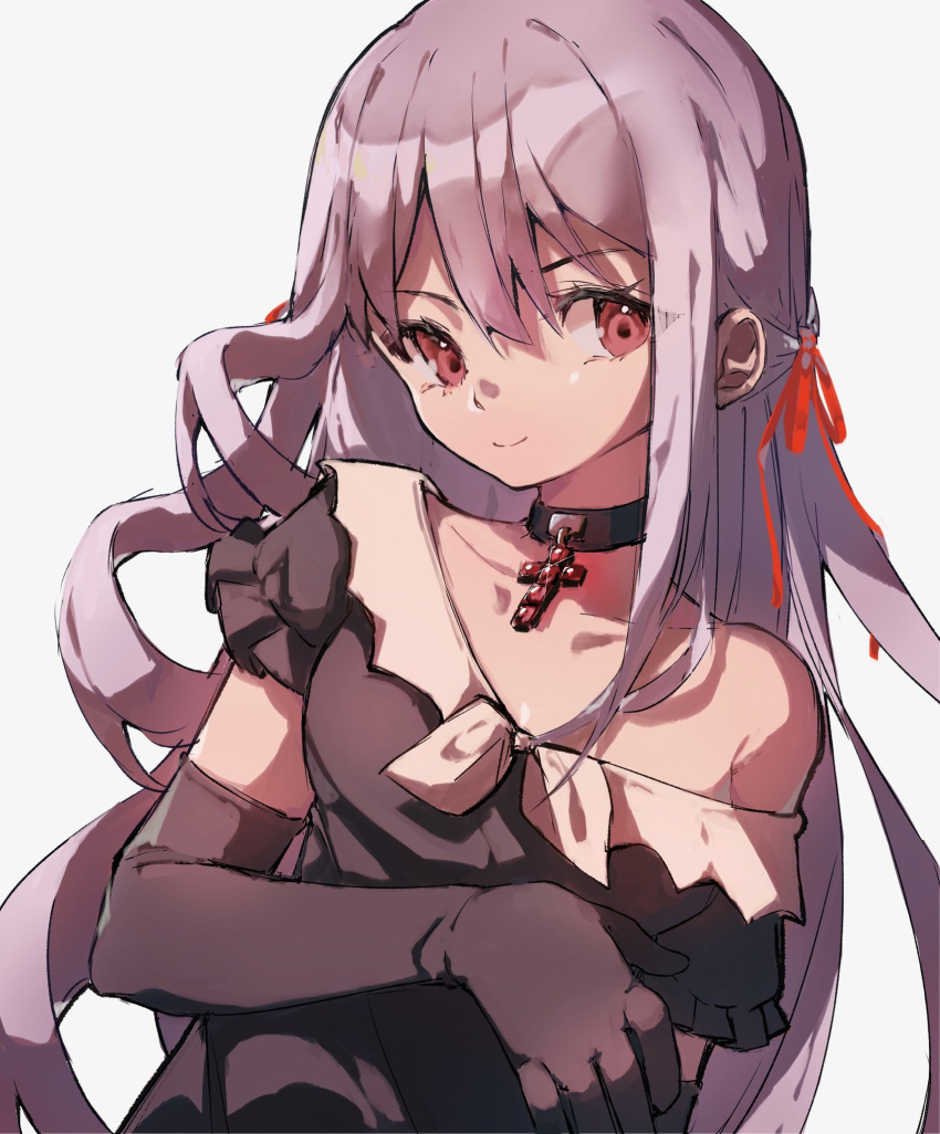 1girl black_dress black_gloves breasts choker cross cross_choker dress elbow_gloves gloves gore_screaming_show grey_hair hair_ribbon highres long_hair looking_at_viewer red_eyes red_ribbon ribbon shikkuro69 simple_background single_bare_shoulder small_breasts smile solo upper_body white_background yuka_(gore_screaming_show)