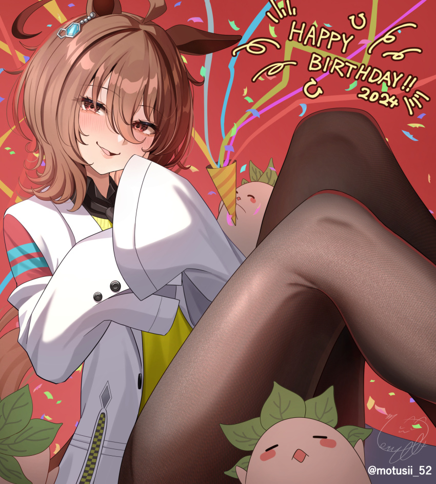 1girl agnes_tachyon_(umamusume) ahoge animal_ears artist_name brown_hair chemical_structure confetti earrings hands_up happy_birthday highres horse_ears horse_girl jewelry lab_coat looking_at_viewer motsushi pantyhose signature single_earring sleeves_past_fingers sleeves_past_wrists smile sweater sweater_vest umamusume yellow_sweater yellow_sweater_vest