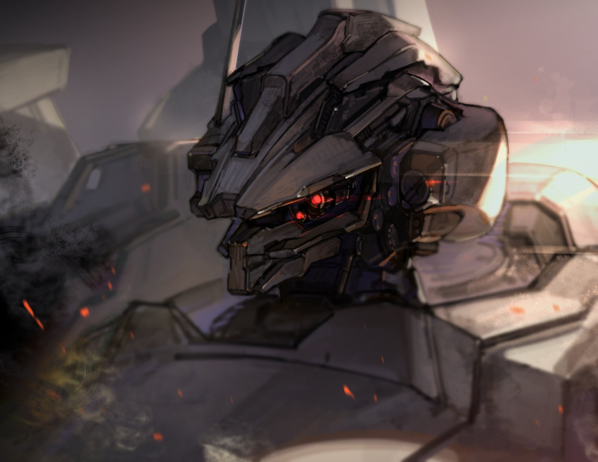 armored_core armored_core_6 embers grey_background highres mecha mecha_focus nightfall_(armored_core_6) no_humans portrait red_eyes riio robot science_fiction