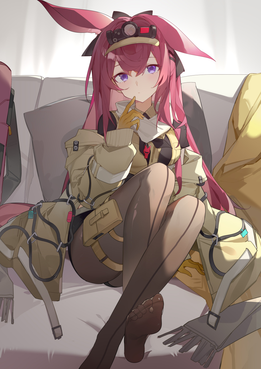1girl absurdres animal_ears arknights black_pantyhose black_shirt black_shorts breasts couch gloves highres jacket long_hair looking_at_viewer medium_breasts no_shoes on_couch open_clothes open_jacket pantyhose pink_hair rabbit_ears rabbit_girl ray_(arknights) shirt shorts soles solo user_dykc7832 very_long_hair violet_eyes visor_cap yellow_gloves