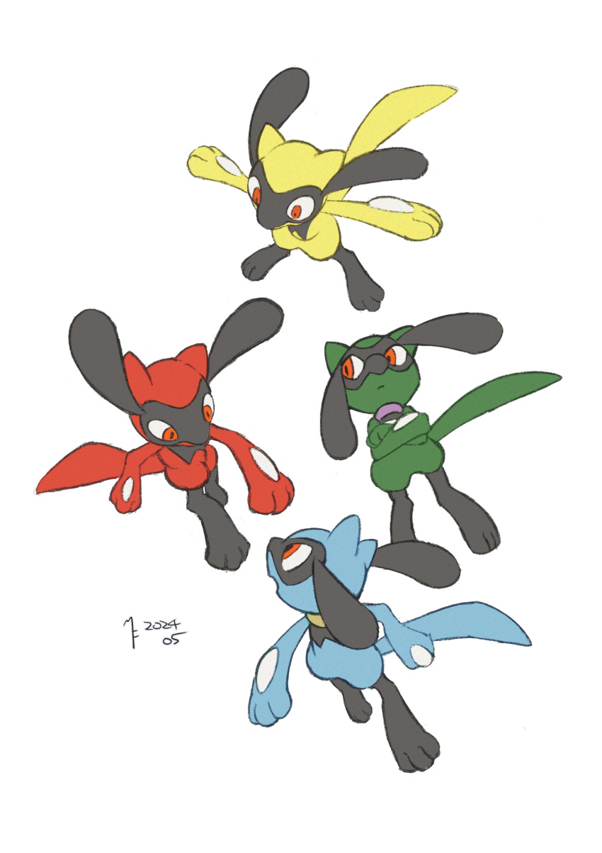 alternate_color closed_mouth commentary_request crossed_arms dated eye_contact highres looking_at_another mei_ford open_mouth outstretched_arms pokemon red_eyes riolu simple_background white_background