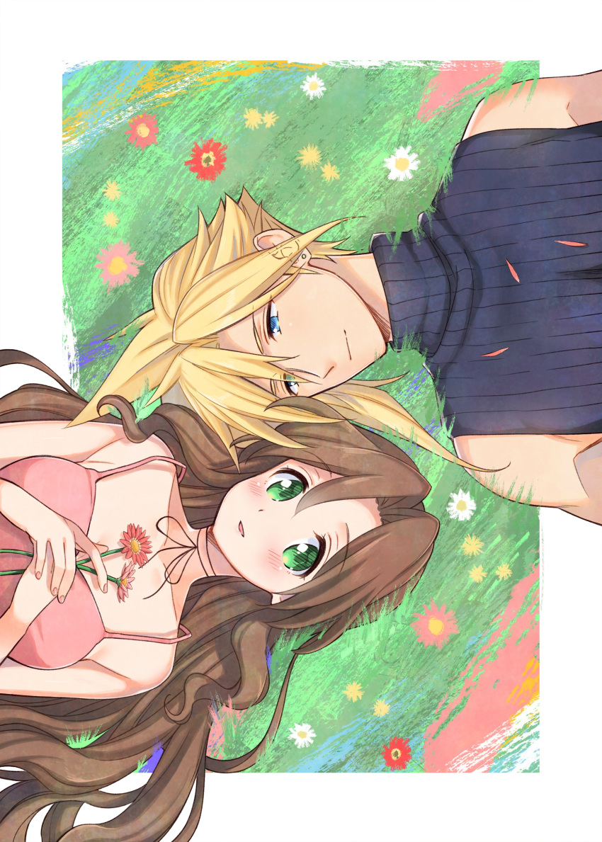 1boy 1girl absurdres aerith_gainsborough bare_shoulders blonde_hair blue_eyes blue_shirt blush border breasts brown_hair choker closed_mouth cloud_strife collarbone couple dress earrings final_fantasy final_fantasy_vii flower green_eyes hair_between_eyes hands_on_own_chest hetero highres holding holding_flower jewelry krudears long_hair looking_at_another looking_at_viewer lying medium_breasts on_back own_hands_together parted_bangs parted_lips pink_dress ribbon_choker shirt short_hair sidelocks single_earring sleeveless sleeveless_dress sleeveless_turtleneck smile spaghetti_strap spiky_hair turtleneck upper_body wavy_hair white_border