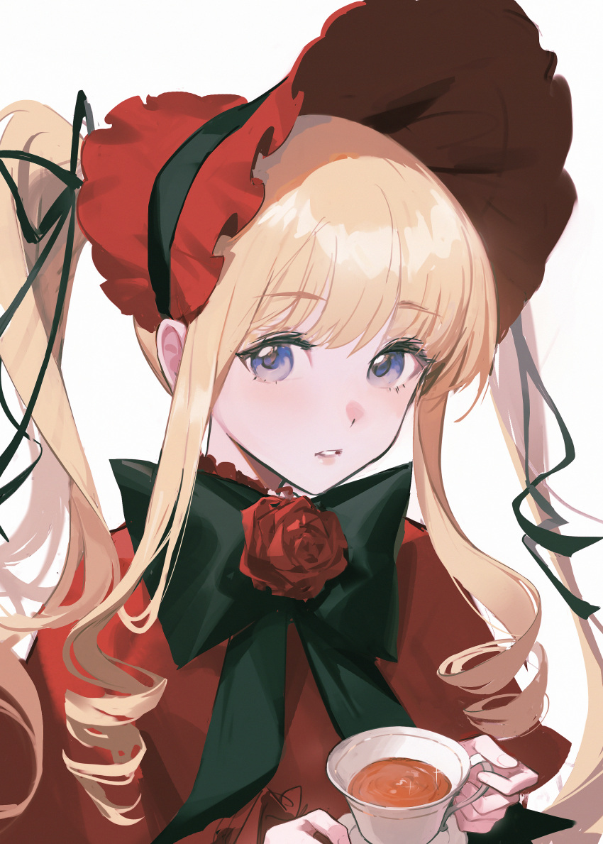 1girl absurdres black_bow black_bowtie blonde_hair blue_eyes bonnet bow bowtie cup dress flower hair_ribbon hat highres holding holding_cup large_bow looking_at_viewer parted_lips red_dress red_flower red_headwear red_rose ribbon ringlets rose rozen_maiden shinku sidelocks simple_background solo tea twintails upper_body vsmile white_background