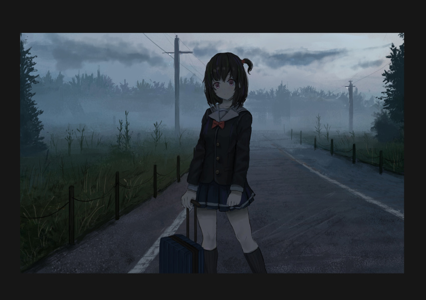 1girl absurdres ame_sagari black_border black_hair black_jacket black_skirt black_sleeves black_socks blazer border bow bowtie brown_eyes clouds cloudy_sky collared_shirt comiket_92 commentary_request cowboy_shot dog fence hair_bobbles hair_ornament highres holding holding_suitcase jacket kneehighs knees layered_sleeves long_sleeves looking_at_viewer medium_hair miniskirt one_side_up original outdoors pleated_skirt power_lines red_bow red_bowtie road sailor_collar scenery shirt skirt sky socks solo standing street suitcase traditional_bowtie tree white_sailor_collar