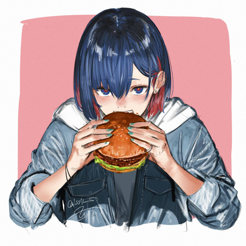1girl alternate_costume blue_eyes blue_hair blue_nails blush border burger colored_inner_hair commentary cropped_torso denim denim_jacket earrings eating food food_on_face hair_behind_ear hands_up highres holding holding_food hood hood_down hoodie isshiki_(ffmania7) jacket jacket_over_hoodie jewelry kamitsubaki_studio looking_at_viewer multicolored_eyes multicolored_hair open_clothes open_jacket pink_background red_eyes redhead rim_(kamitsubaki_studio) ring short_hair simple_background sleeves_past_elbows sleeves_rolled_up solo stud_earrings symbol-only_commentary upper_body white_border white_hoodie yellow_pupils