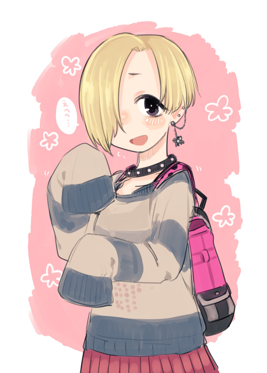1girl backpack bag blonde_hair blush border brown_sweater collar cowboy_shot drop_earrings ear_chain earrings flower_(symbol) flying_sweatdrops furrowed_brow hair_over_one_eye hands_up highres idolmaster idolmaster_cinderella_girls ino_(tellu0120) jewelry laughing long_bangs long_sleeves looking_at_viewer nervous one_eye_covered open_mouth outside_border pink_background pink_bag pleated_skirt red_skirt shirasaka_koume short_eyebrows short_hair skirt sleeves_past_fingers sleeves_past_wrists smile solo speech_bubble standing striped_clothes striped_sweater sweater violet_eyes white_border