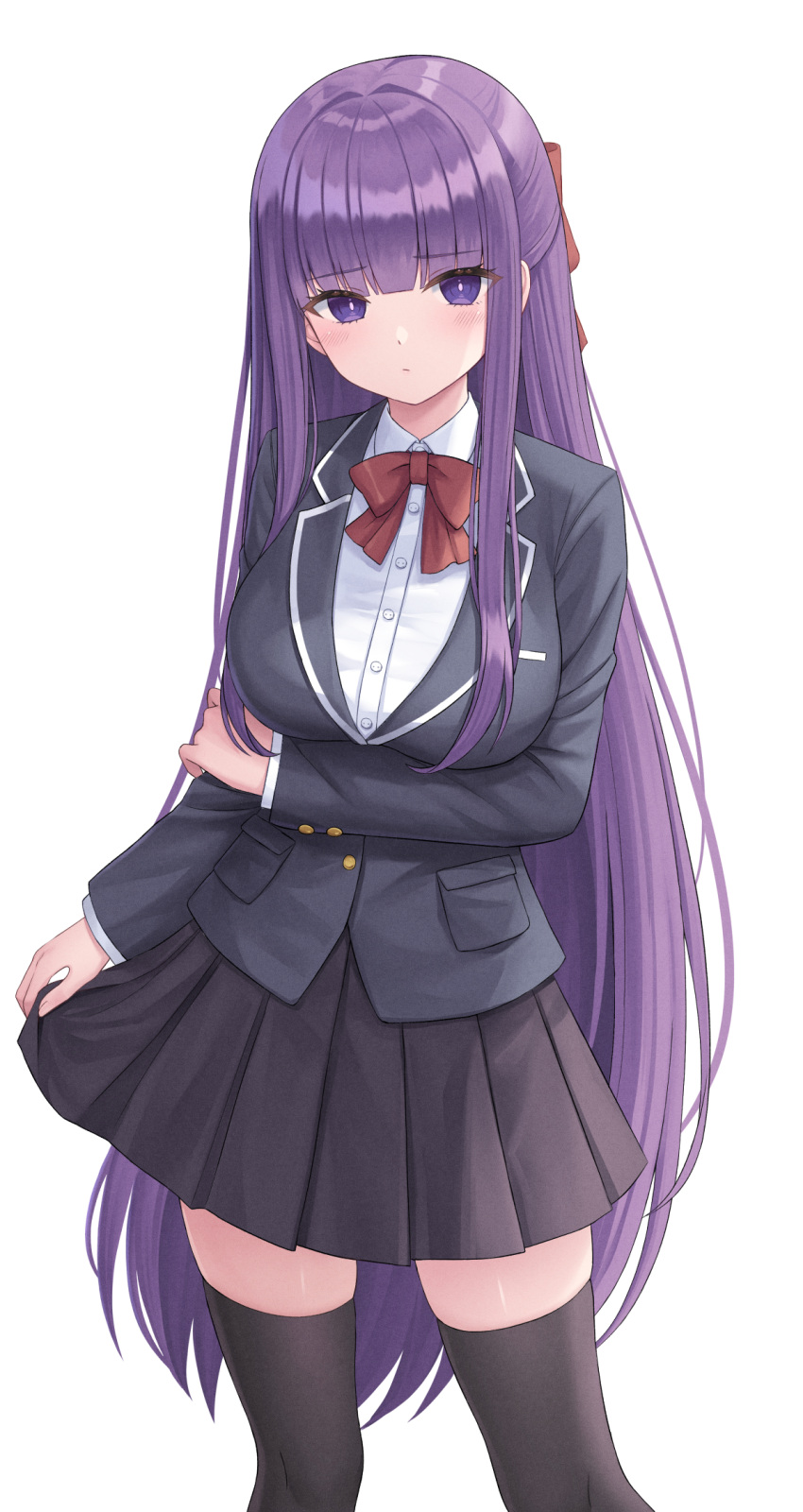 1girl alternate_costume arm_under_breasts black_jacket black_skirt black_thighhighs blazer blunt_bangs bow bowtie breasts closed_mouth collar collared_shirt commentary_request fern_(sousou_no_frieren) highres jacket large_breasts long_hair long_sleeves looking_at_viewer purple_hair red_bow red_bowtie school_uniform seungju_lee shirt simple_background skirt solo sousou_no_frieren standing thigh-highs violet_eyes white_background white_collar white_shirt zettai_ryouiki
