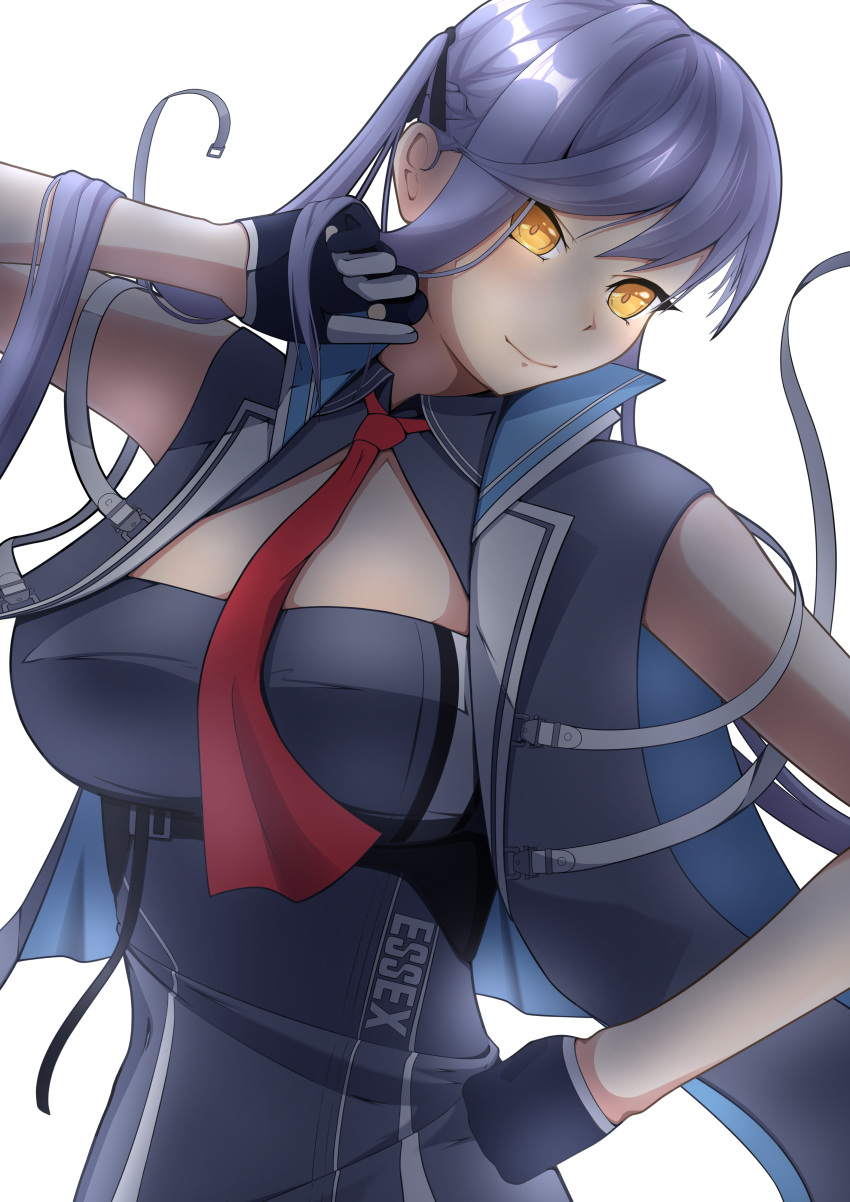 1girl absurdres alternate_eye_color arm_up azur_lane bare_shoulders between_breasts blue_dress blue_vest blush breasts character_name cleavage_cutout clothing_cutout collared_dress dress essex_(azur_lane) gloves glowing glowing_eyes hair_between_eyes hand_on_own_cheek hand_on_own_face hand_on_own_hip head_tilt highres large_breasts long_hair looking_at_viewer necktie necktie_between_breasts open_clothes open_vest purple_hair red_necktie sleeveless sleeveless_dress smile solo very_long_hair vest yellow_eyes zaginexu