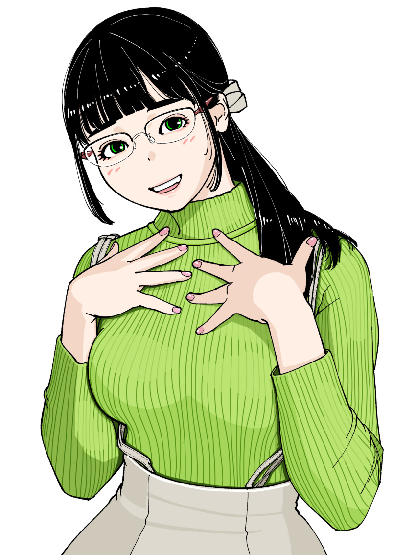 1girl animification black_hair blush breasts glasses green_eyes green_sweater grey_skirt head_tilt highres long_hair medium_breasts open_mouth pink_nails real_life ribbed_sweater sakamoto_giulietta shinonome_umi simple_background skirt smile solo suspenders sweater sweater_tucked_in teeth upper_teeth_only white_background