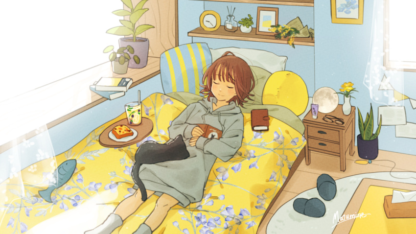 1girl bed black_cat book brown_hair cat clock closed_eyes cup curtains day drawer flip-flops food glasses holding holding_book indoors long_sleeves lying notebook official_art picture_frame plant plate potted_plant sandals short_hair smile socks solo stuffed_animal stuffed_fish stuffed_toy sweater twin-mix window