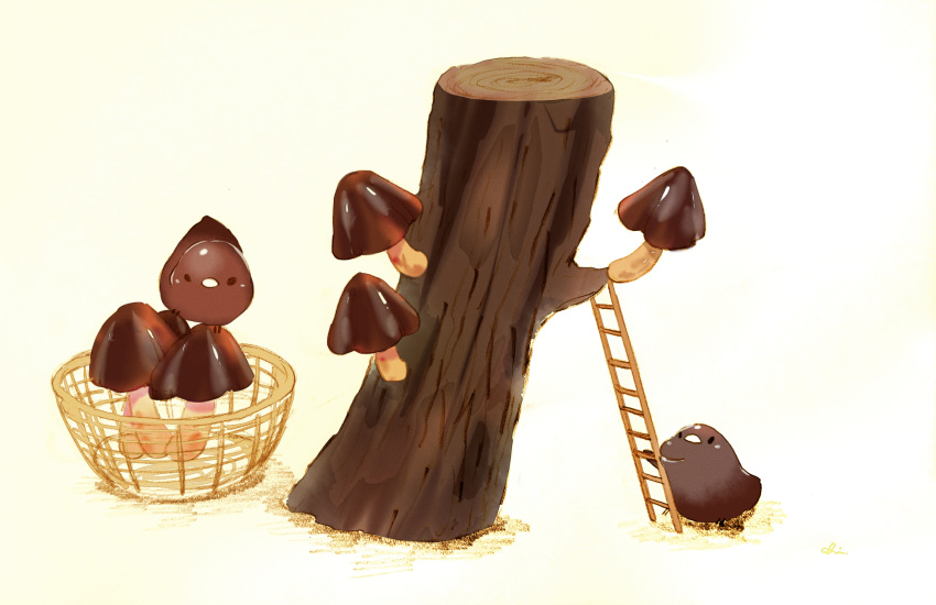 animal basket chai_(drawingchisanne) chocolate food-themed_creature highres log mushroom no_humans simple_background white_background