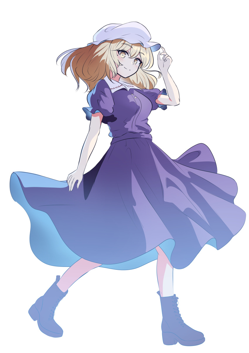 1girl absurdres blonde_hair boots eyelashes frilled_bonnet from_side full_body hair_between_eyes hand_up highres long_hair looking_at_viewer maribel_hearn puffy_short_sleeves puffy_sleeves rinkaito1231 short_sleeves smile solo touhou walking yellow_eyes