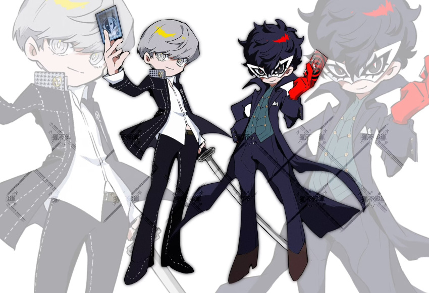 2boys amamiya_ren black_outline bright_pupils card coattails deformed domino_mask full_body highres holding holding_card jacket male_focus mask minuonuonuo multiple_boys narukami_yuu no_nose outline pants persona persona_4 persona_5 shoes smile standing white_background white_pupils zoom_layer