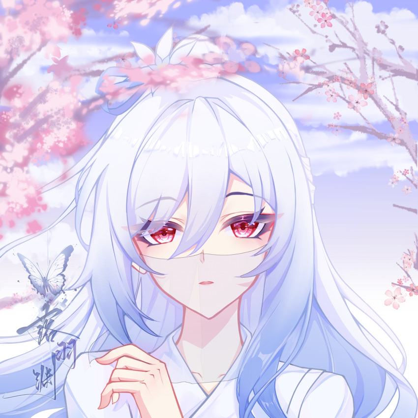 1girl absurdres blue_hair blue_ribbon blue_sky cherry_blossoms chinese_commentary collarbone commentary_request eyeliner flower hair_between_eyes hair_flower hair_ornament hair_ribbon hand_up highres honkai:_star_rail honkai_(series) jingliu_(honkai:_star_rail) light_blue_hair long_hair looking_at_viewer makeup official_alternate_costume parted_lips portrait red_eyeliner red_eyes ribbon robe signature sky solo white_flower white_robe zhaoluoyu