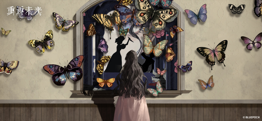 1girl arched_window black_hair bug butterfly copyright_name copyright_notice cowboy_shot curly_hair dress facing_away from_behind highres holding holding_knife isolde_(reverse:1999) knife logo long_hair official_art official_wallpaper pink_dress reverse:1999 silhouette solo stab standing too_many too_many_butterflies window yellow_background