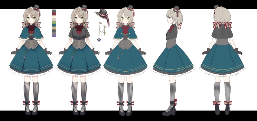 1girl absurdres black_gloves bow gloves green_eyes hat highres light_brown_hair mili_mirror mini_hat nabeniuitagomi red_bow reference_sheet smile socks striped_clothes striped_socks voice-ore