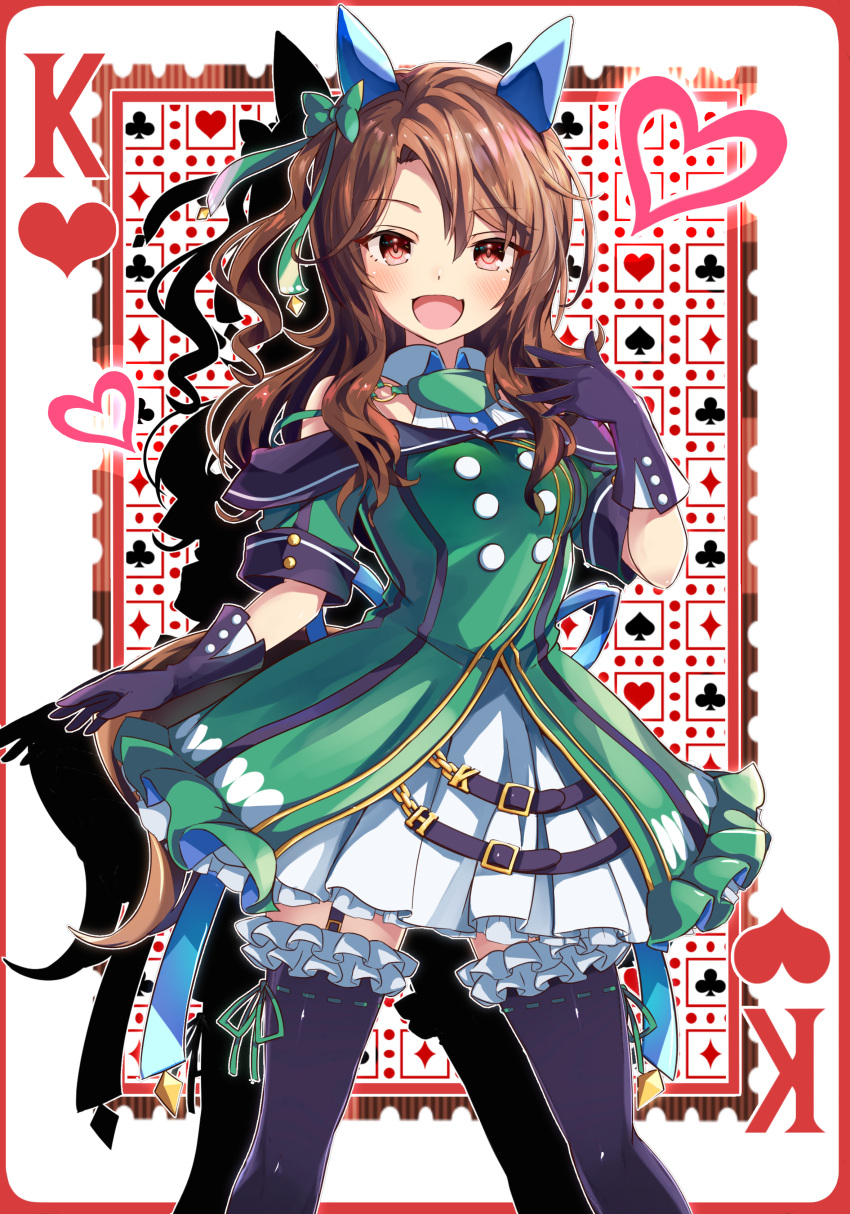 1girl absurdres bare_shoulders black_gloves black_thighhighs brown_eyes brown_hair card club_(shape) diamond_(shape) dress ear_covers frilled_dress frills garter_straps gloves green_dress highres horse_girl king_(playing_card) king_halo_(umamusume) king_of_hearts_(playing_card) layered_sleeves looking_at_viewer neko_senshi open_mouth playing_card puffy_short_sleeves puffy_sleeves short_sleeves smile solo spade_(shape) thigh-highs umamusume