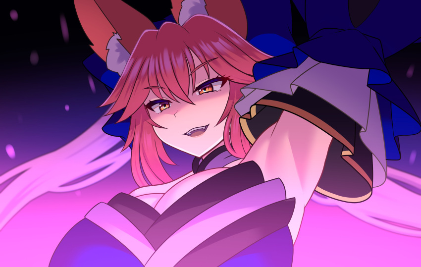 1girl absurdres animal_ears armpits blue_bow bow breasts detached_sleeves fang fate/extra fate_(series) fox_ears highres jifuwabe large_breasts open_mouth orange_eyes orange_hair solo tamamo_(fate) tamamo_no_mae_(fate/extra) twintails