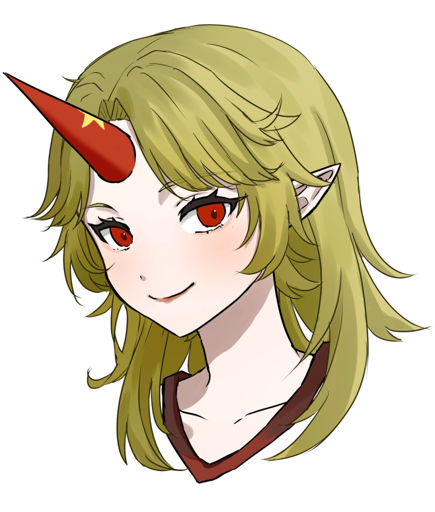 1girl blonde_hair closed_mouth collarbone commentary_request highres horns hoshiguma_yuugi karubo_100sei long_hair looking_at_viewer medium_bangs parted_bangs pointy_ears portrait red_eyes red_horns simple_background single_horn smile solo star_(symbol) touhou white_background