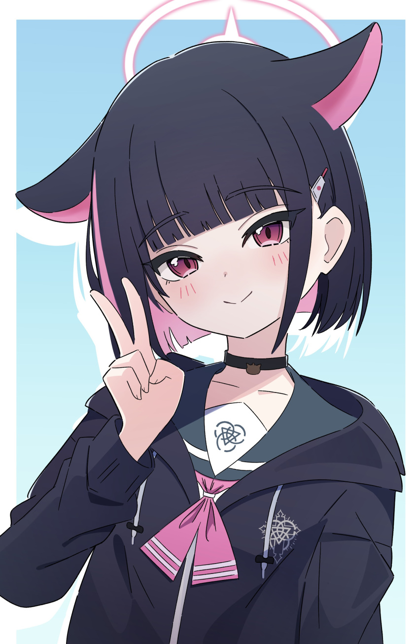 1girl absurdres animal_ears black_hair black_jacket blue_archive blue_background blunt_bangs blush cat_ears green_sailor_collar halo highres jacket kazusa_(blue_archive) knife_hair_ornament long_sleeves looking_at_viewer nak neckerchief pink_eyes pink_halo pink_neckerchief sailor_collar short_hair sidelocks smile solo v