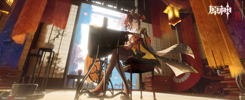 1girl absurdres ame999 architecture chair chiori_(genshin_impact) curly_hair day east_asian_architecture frilled_gloves frills full_body genshin_impact gloves hair_bun high_heels highres indoors japanese_clothes kimono long_hair sewing sitting thigh-highs