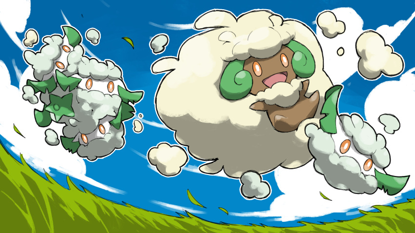 :d blacknirrow blue_sky bright_pupils clouds commentary cottonee curled_horns dark_skin grass highres horns jumping leaf no_humans open_mouth orange_eyes outdoors pokemon pokemon_(creature) sky smile whimsicott white_pupils
