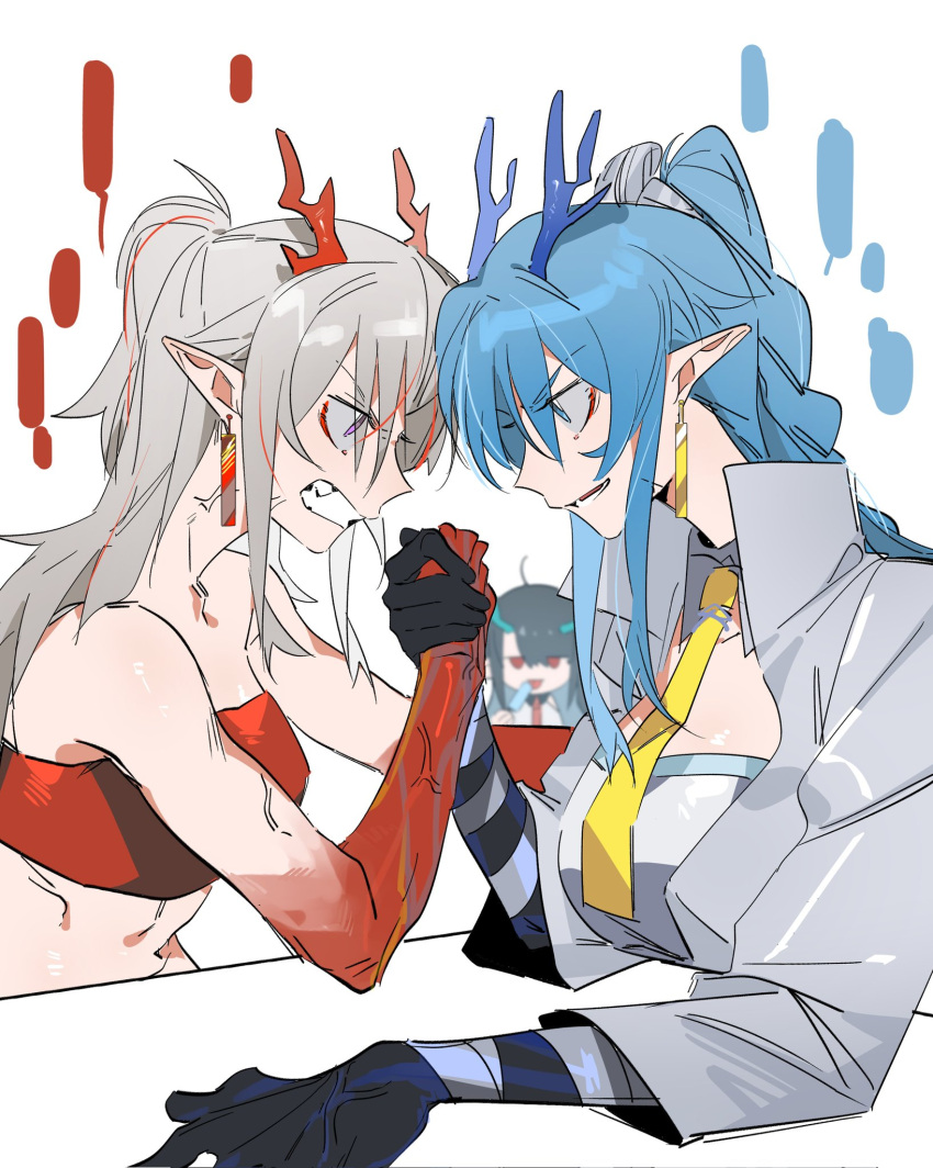 3girls arknights bandeau bare_arms black_hair black_skin blank_speech_bubble blue_eyes blue_hair blurry blurry_background chinese_commentary clenched_teeth colored_skin commentary_request corrupted_twitter_file dragon_horns dusk_(arknights) earrings eye_contact grey_hair highres horns jacket jewelry ling_(arknights) long_hair long_sleeves looking_at_another molu_stranger multicolored_hair multiple_girls necktie nian_(arknights) pointy_ears ponytail red_bandeau red_eyes red_skin redhead siblings simple_background sisters speech_bubble streaked_hair teeth violet_eyes white_background white_jacket yellow_necktie