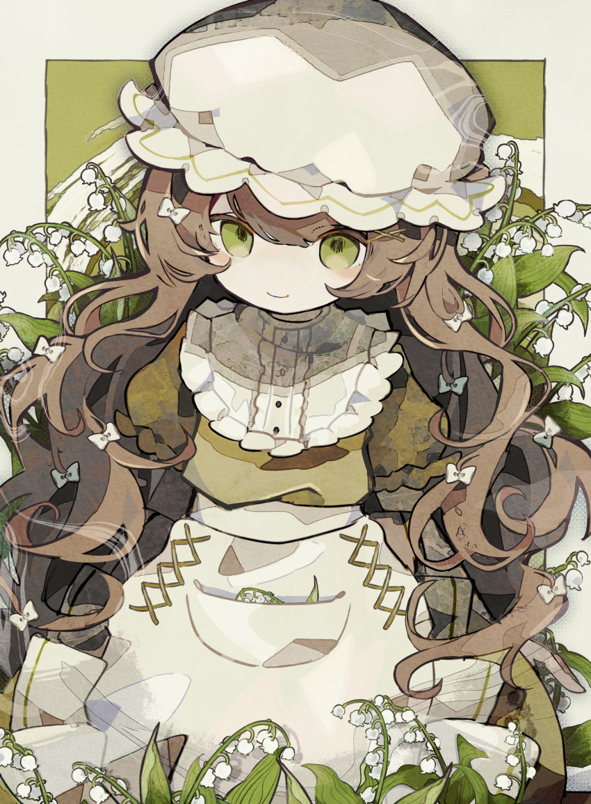 1girl absurdres apron arms_at_sides border bow brown_hair buttons center_frills closed_mouth commentary_request dress flower frilled_sleeves frills green_background green_dress green_eyes hair_bow hair_ornament hat highres lily_of_the_valley long_hair mob_cap no_nose original outside_border pocket puffy_short_sleeves puffy_sleeves short_sleeves smile solo soresaki very_long_hair waist_apron wavy_hair white_apron white_border white_bow white_flower white_hat x_hair_ornament