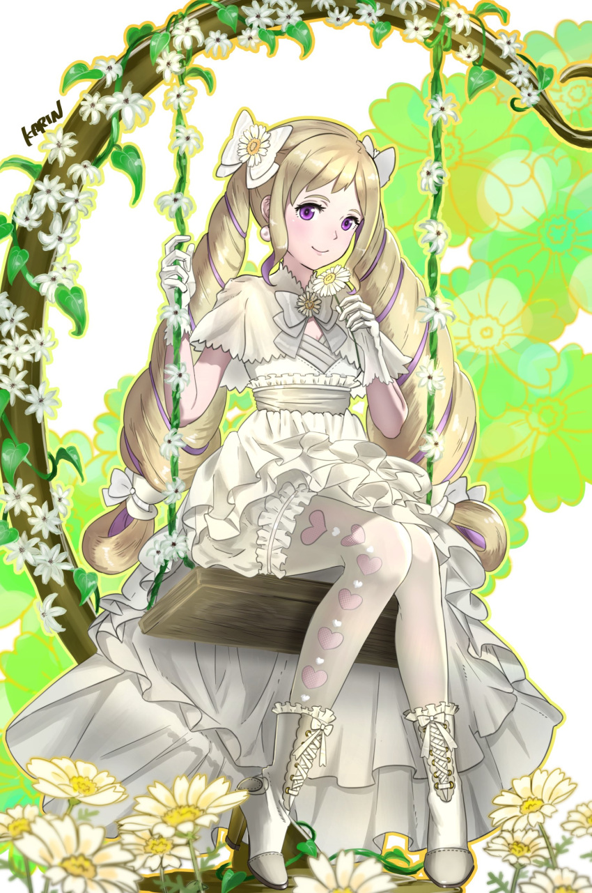 1girl 6nutqd2kwd0iqcl absurdres aristocratic_clothes blonde_hair bow dress drill_hair elise_(fire_emblem) fire_emblem fire_emblem_engage fire_emblem_fates hair_bow highres multicolored_hair purple_hair streaked_hair twin_drills twintails violet_eyes white_dress