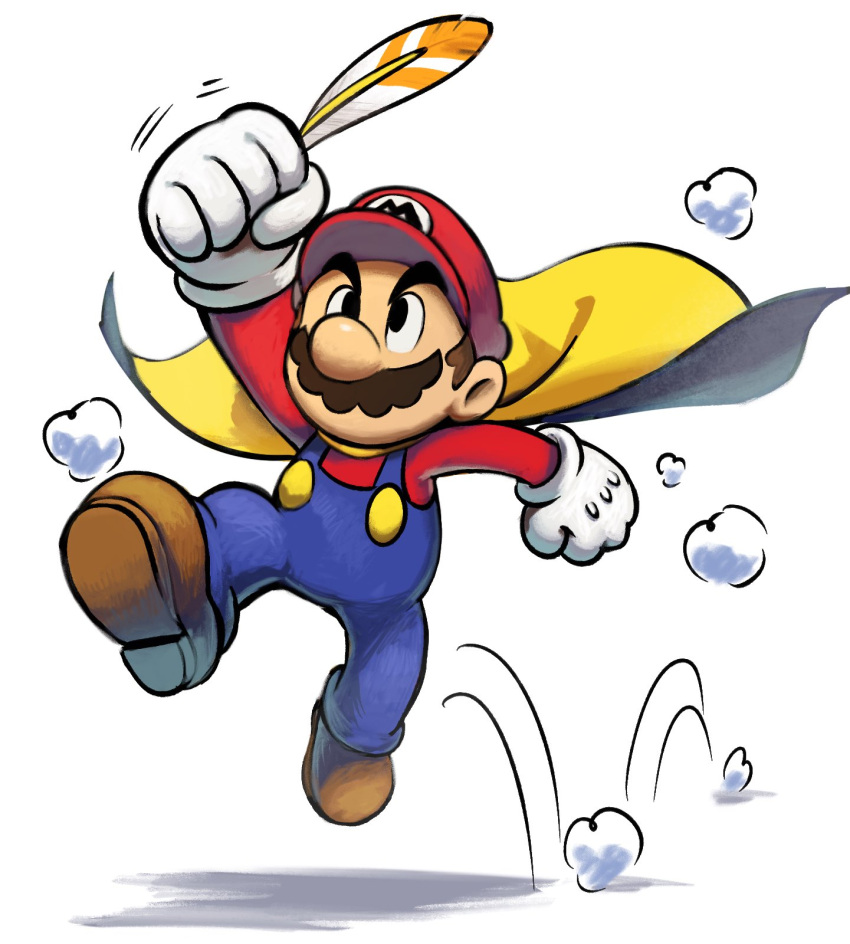 1boy blue_overalls boots brown_footwear brown_hair cape clenched_hands facial_hair feathers full_body gloves highres holding holding_feather jumping looking_at_object mario mario_&amp;_luigi_rpg masanori_sato_(style) mustache overalls red_hat red_shirt shirt short_hair simple_background solo super_mario_bros. white_background white_gloves ya_mari_6363 yellow_cape