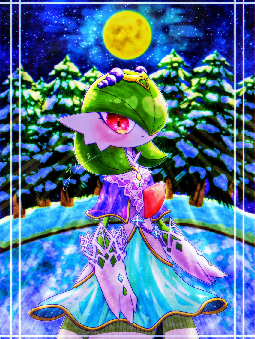 1girl absurdres arms_at_sides backlighting blue_sky blush bob_cut border closed_mouth clothed_pokemon colored_skin commentary_request dress expressionless flat_chest forest full_moon gardevoir gardevoir_(aurora) gloves grass green_hair green_skin hair_over_one_eye heart highres lace lace-trimmed_gloves lace_trim light_rays looking_at_viewer moon moonlight multicolored_clothes multicolored_dress multicolored_skin nature night one_eye_covered outdoors partial_commentary pine_tree pokemon pokemon_(creature) pokemon_unite red_eyes see-through see-through_capelet see-through_dress short_hair sky snow solo standing star_(sky) starry_sky tiara tree two-tone_skin white_gloves white_skin yuri_(fl0werspace)
