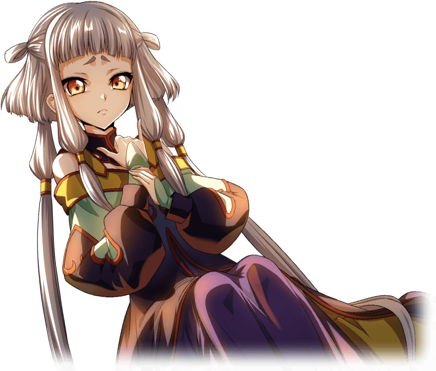 1girl \m/ artist_request bare_shoulders blunt_bangs child chinese_clothes closed_mouth code_geass code_geass:_lost_stories dress dutch_angle flat_chest game_cg hair_tubes hands_up holding_own_wrist legs_together long_hair long_sleeves looking_at_viewer multicolored_clothes multicolored_dress nervous non-web_source official_art orange_eyes raised_eyebrows sidelocks simple_background sitting solo tianzi transparent_background two_side_up very_long_hair white_hair