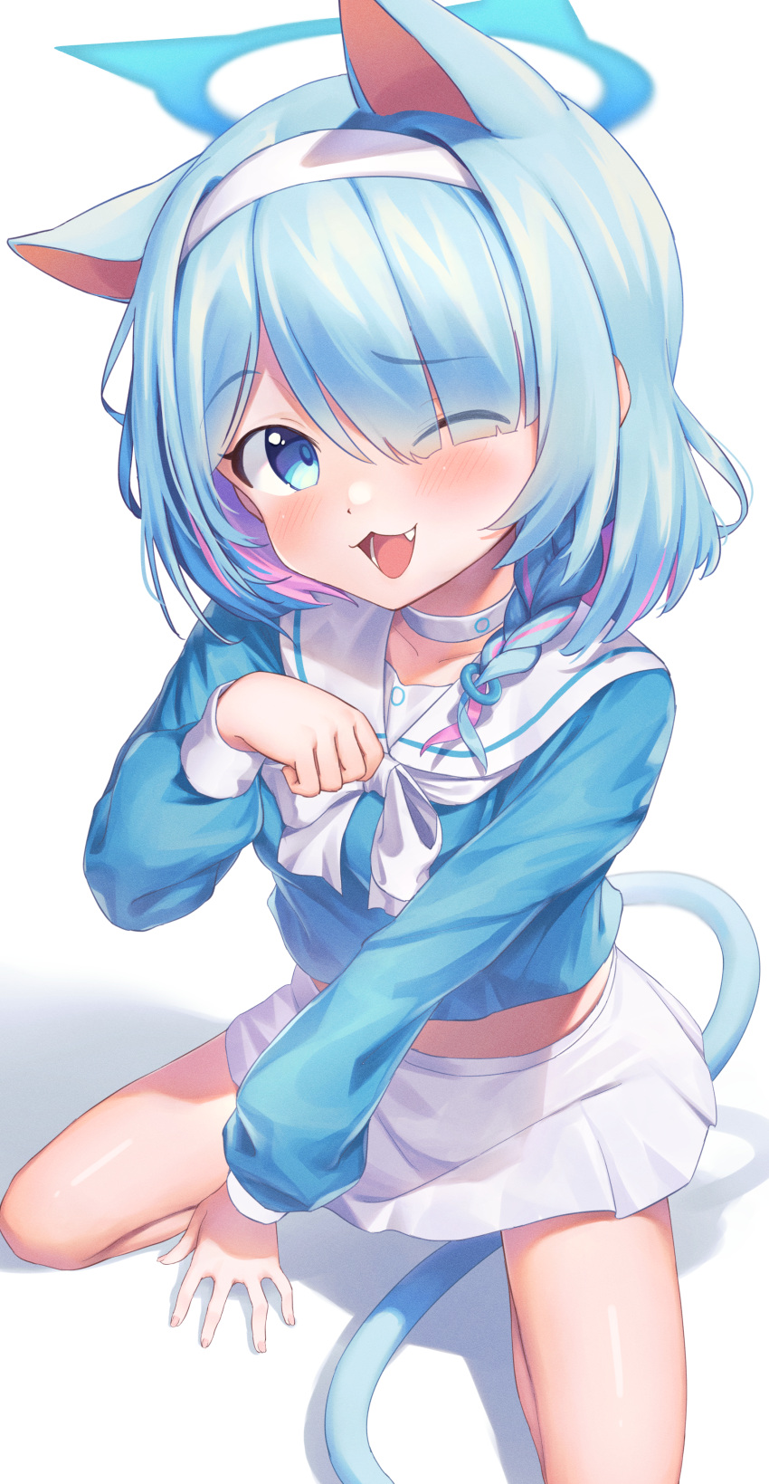 1girl absurdres animal_ear_fluff animal_ears arona_(blue_archive) blue_archive blue_eyes blue_hair blue_halo blush braid cat_ears cat_tail choker collarbone extra_ears fang fingernails halo highres jiyasu long_sleeves looking_at_viewer open_mouth sailor_collar short_hair simple_background single_braid skirt solo tail white_background white_choker white_sailor_collar white_skirt