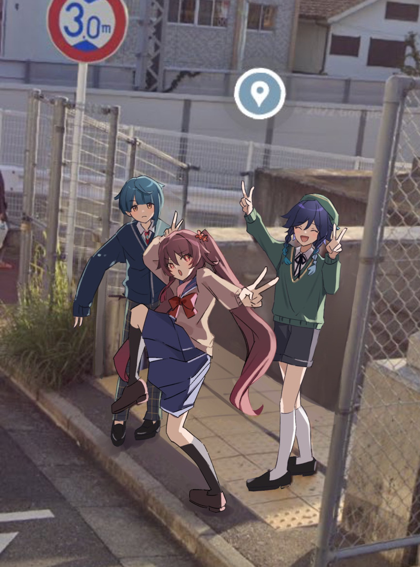 1girl 2boys black_footwear black_hair black_socks blue_hair blue_skirt braid brown_footwear brown_hair cardigan collared_shirt contemporary double_v genshin_impact green_hat hat high_school_girls_posing_for_google_street_view_(meme) highres hu_tao_(genshin_impact) leg_up long_sleeves meme multiple_boys neck_ribbon open_mouth pleated_skirt ribbon school_uniform shirt skirt smile socks twin_braids v venti_(genshin_impact) white_socks xingqiu_(genshin_impact) yui_4293