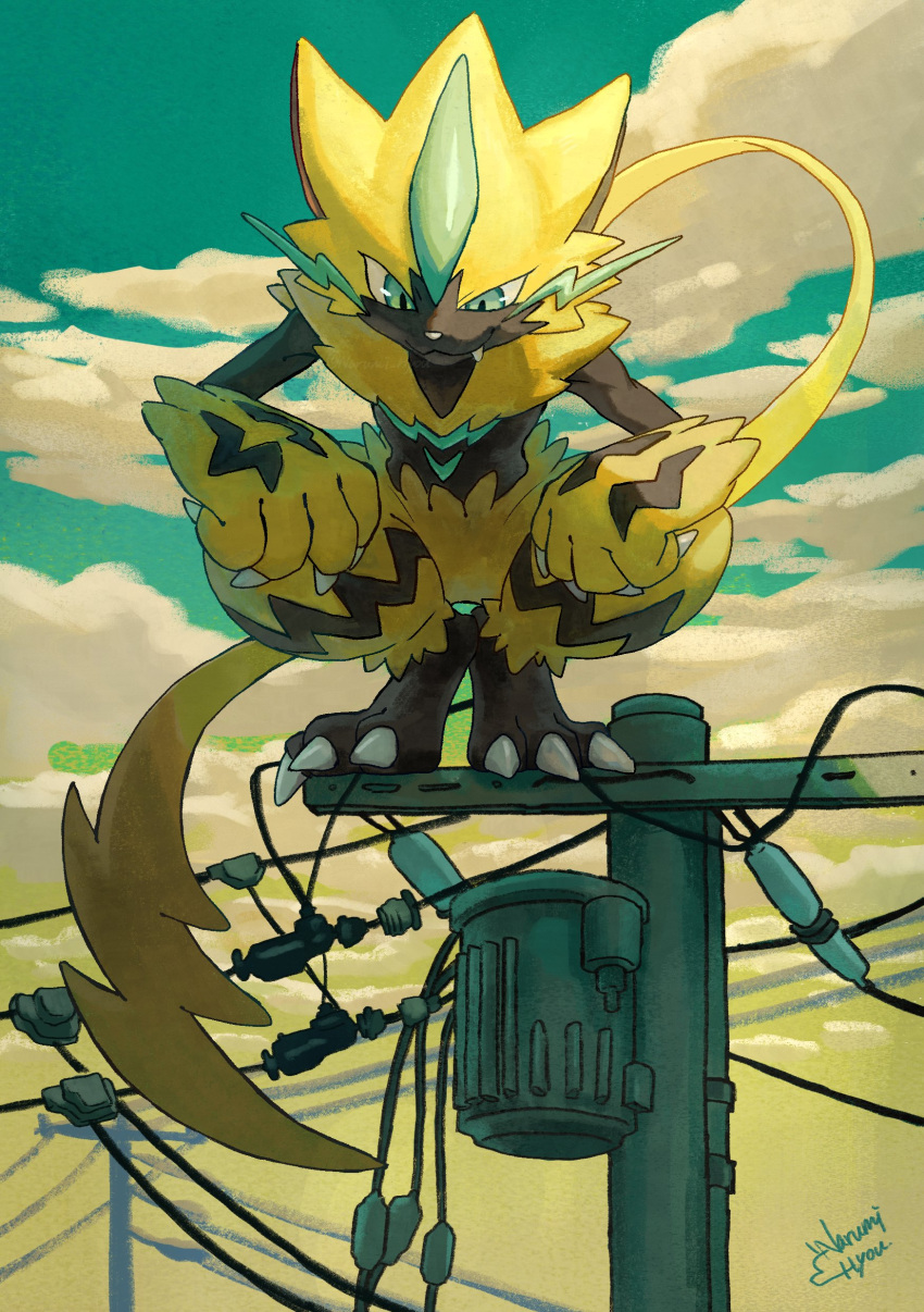 absurdres black_fur blue_sky claws closed_mouth clouds commentary_request fang highres narumi_hyou pokemon pokemon_(creature) power_lines sky smile squatting tail two-tone_fur yellow_fur zeraora