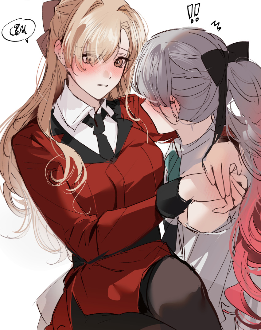 ! !! 2girls arms_around_neck black_bow black_necktie black_pantyhose blonde_hair blush bow brown_eyes carrying collared_shirt commentary dress female_commander_(girls'_frontline) fresa_pie girls_frontline gradient_hair grey_hair hair_bow hand_on_another's_shoulder highres long_hair lwmmg_(girls'_frontline) multicolored_hair multiple_girls necktie off-shoulder_dress off_shoulder pantyhose parted_lips pink_hair ponytail princess_carry shirt simple_background spoken_squiggle squiggle white_background white_dress white_shirt yuri