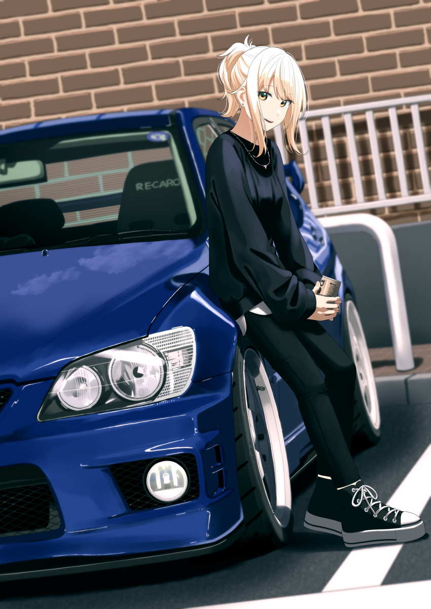 1girl absurdres black_footwear black_sweater blonde_hair blue_car breasts brick_wall can car hair_behind_ear highres holding holding_can looking_at_viewer love_live! love_live!_nijigasaki_high_school_idol_club medium_breasts miyashita_ai motor_vehicle open_mouth orange_eyes ponytail s_sho_mkrn shoes sitting smile sneakers solo spoiler_(automobile) sweater toyota toyota_altezza