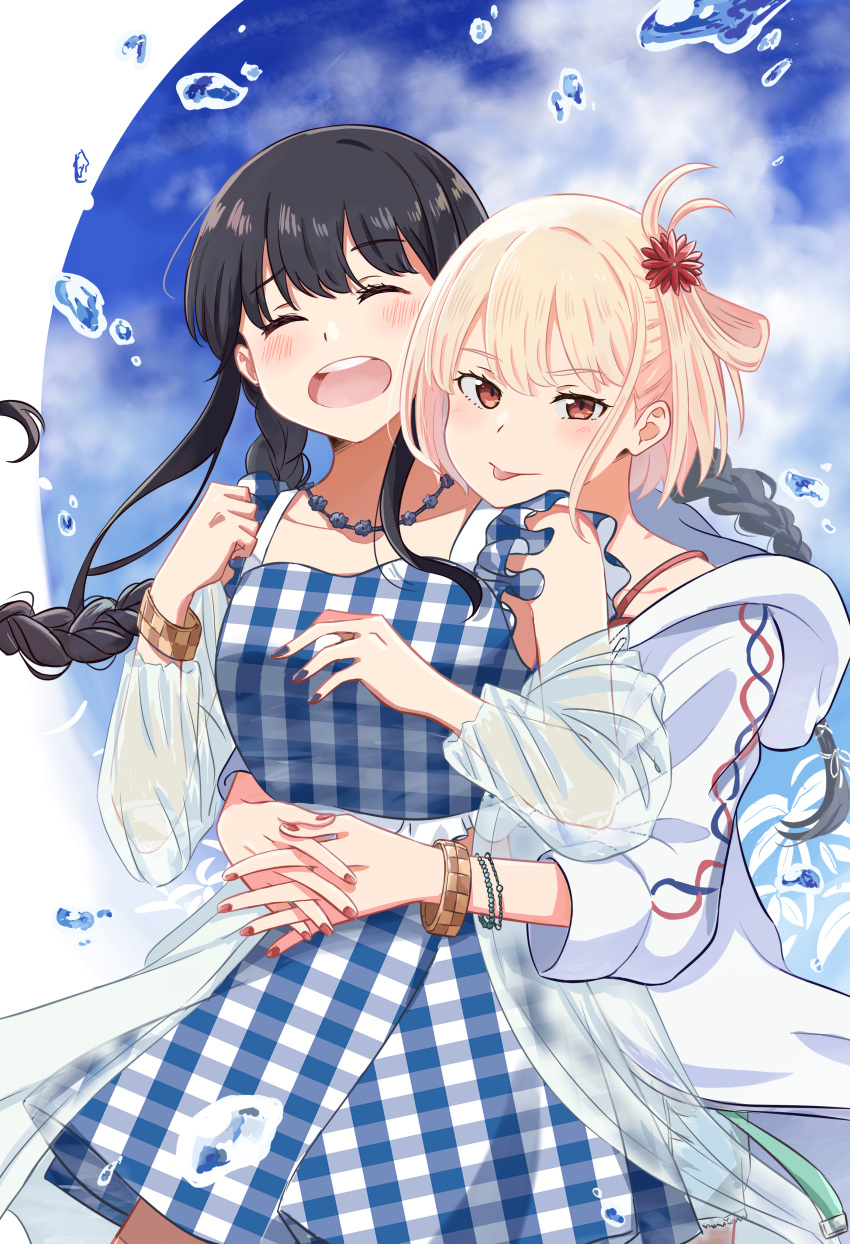 2girls absurdres black_hair blonde_hair blue_dress blue_sky blush bracelet braid chai_haru closed_eyes closed_mouth clouds commentary_request dress flower hair_flower hair_ornament highres hood hoodie hug hug_from_behind inoue_takina jewelry long_hair long_sleeves looking_at_viewer lycoris_recoil multiple_girls necklace nishikigi_chisato off_shoulder one_side_up open_mouth outdoors plaid plaid_dress purple_nails red_eyes red_flower see-through see-through_shirt sky smile tongue tongue_out twin_braids water white_hoodie