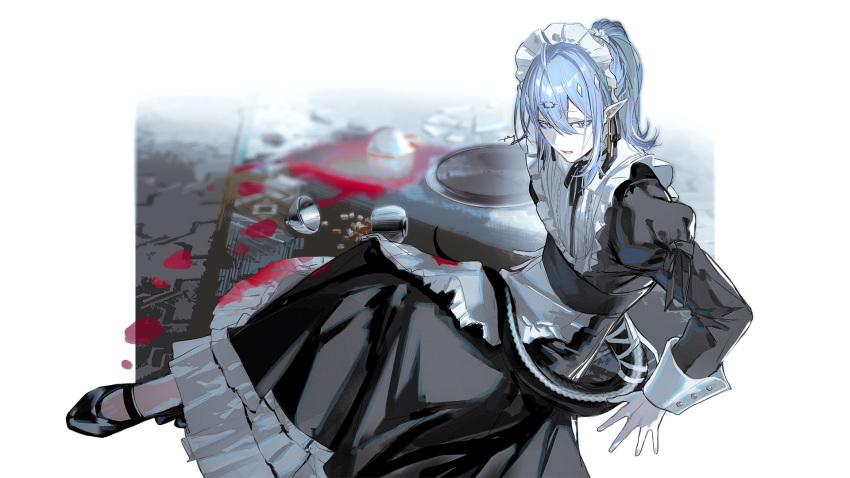 1boy alternate_costume alternate_hairstyle apron arknights arm_support black_dress black_footwear border carpet commentary cross cup dress enmaided frilled_apron frills full_body highres kiri_(pyonta) long_sleeves looking_at_viewer maid maid_headdress male_focus mary_janes nervous parted_lips pointy_ears ponytail shalem_(arknights) shoes sidelocks snake_tail solo spill symbol-only_commentary tail teacup thigh-highs tray violet_eyes